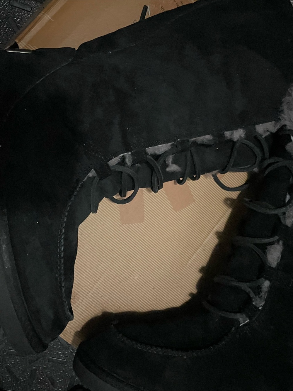 UGG Black Suede Lace-Up Women's Boots with Shearling Trim